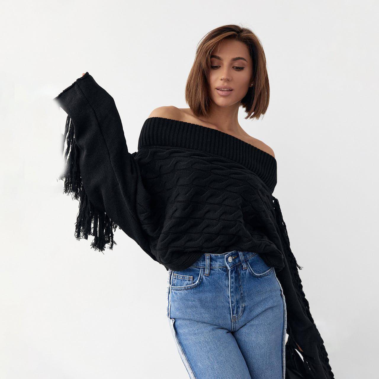 A Pure Color Elegant Style Woolen Tassel Design Sweater Women