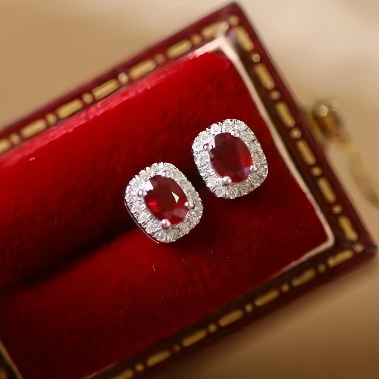 Real Gold Natural Ruby Diamond Stud Earrings Pigeon Blood Red Color