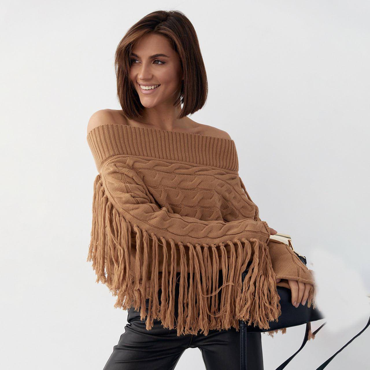 A Pure Color Elegant Style Woolen Tassel Design Sweater Women