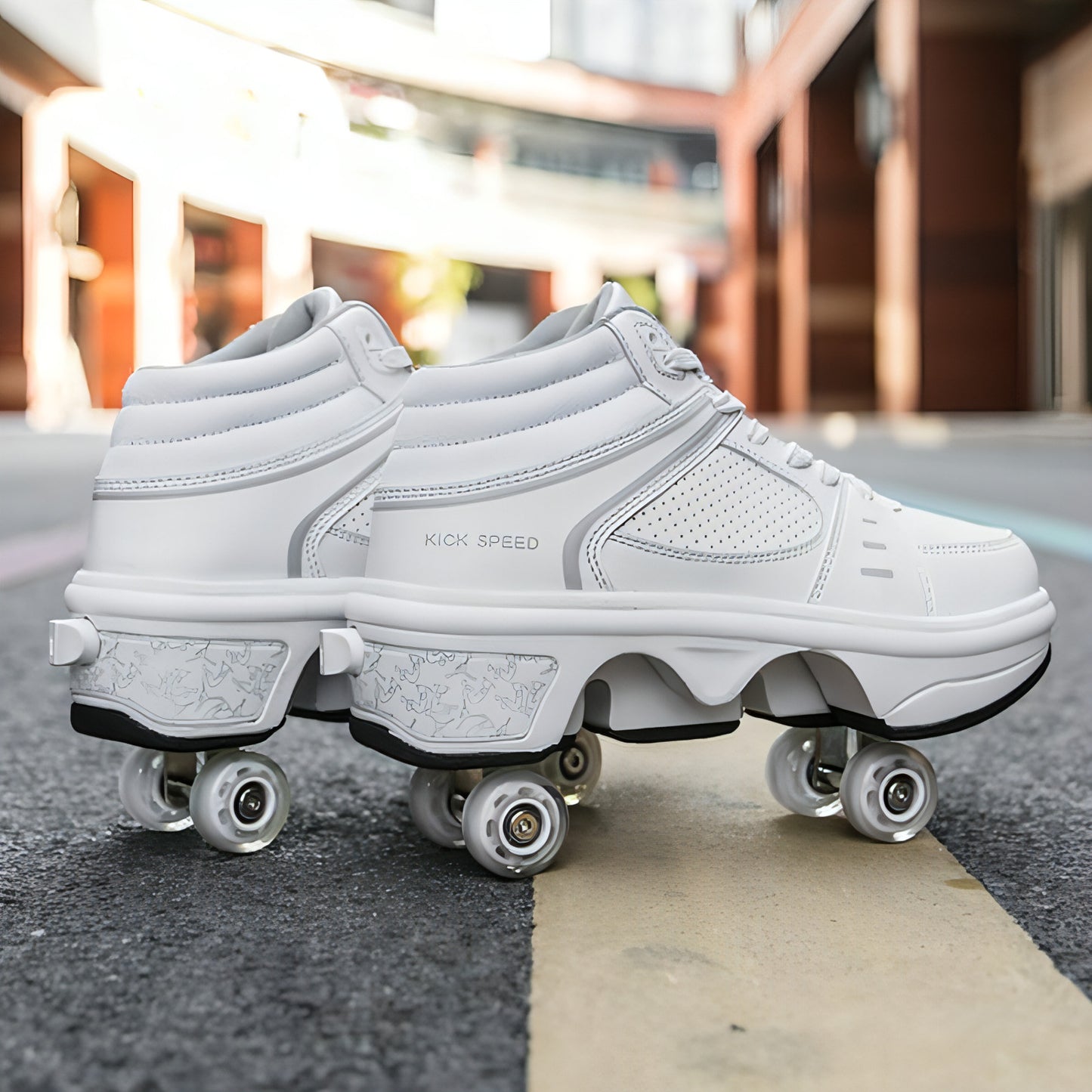 Bom produto patins de rolos de uso duplo, sapatos deformados, patins de rolos de linha dupla