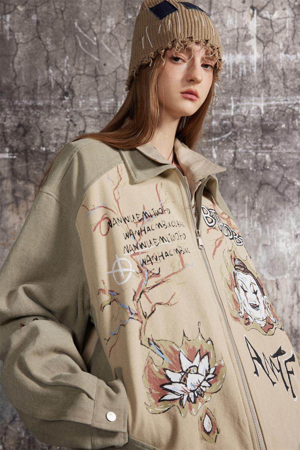 Cultural Graffiti Oil Painting Patterned Denim Jacket Men