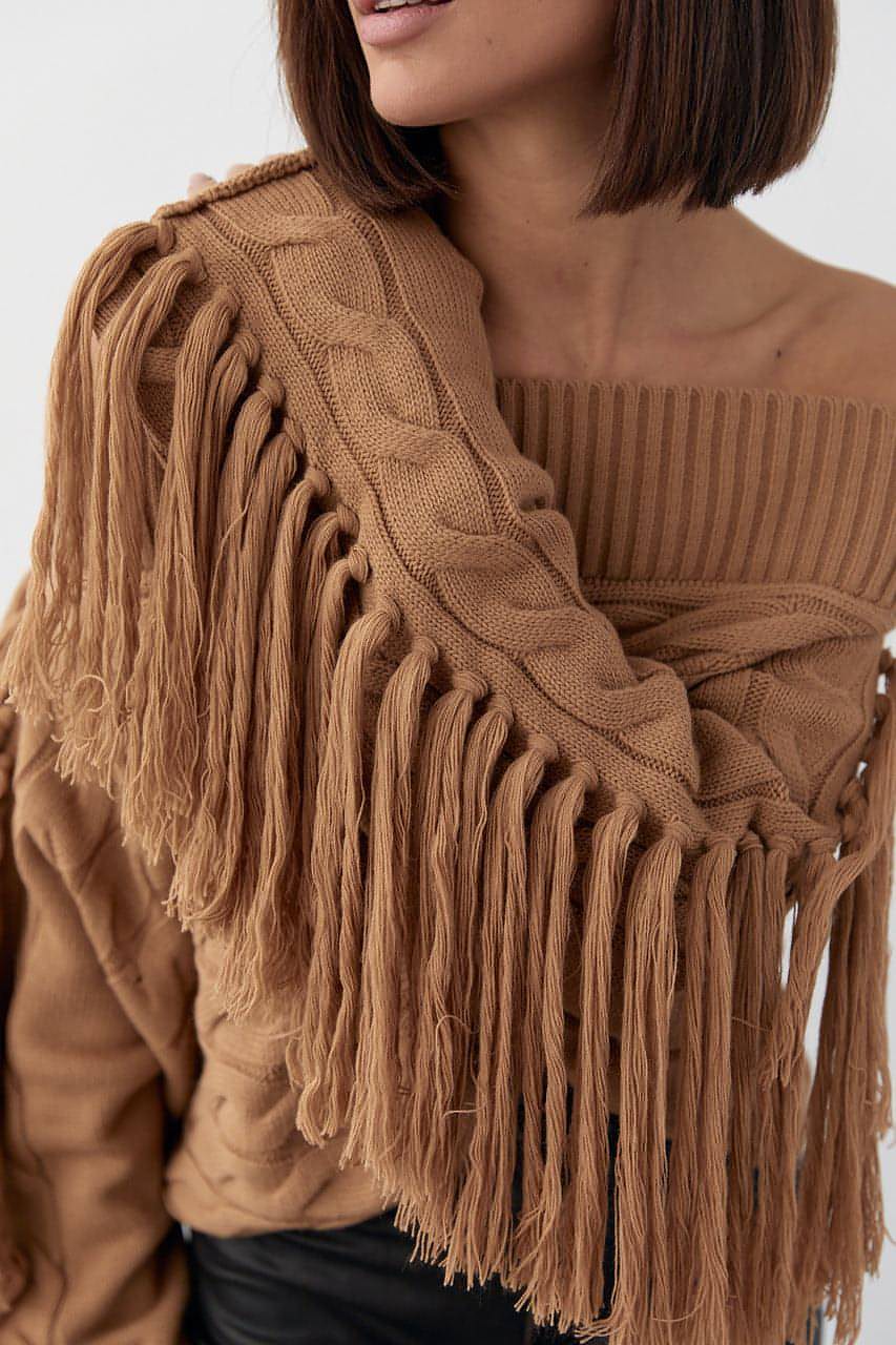 A Pure Color Elegant Style Woolen Tassel Design Sweater Women