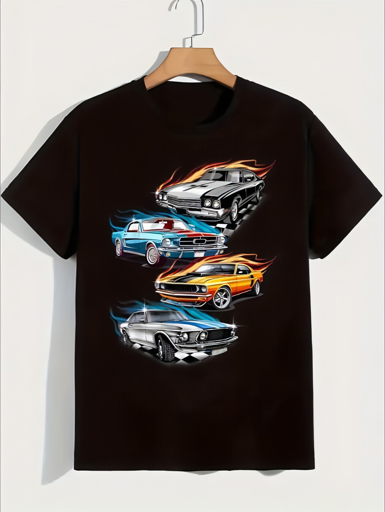Men'S Youth Crew Neck T-Shirt, 4 Cool Sports Car Print, Casual Tops, Regular Fit, Spring Summer Knit Fabric