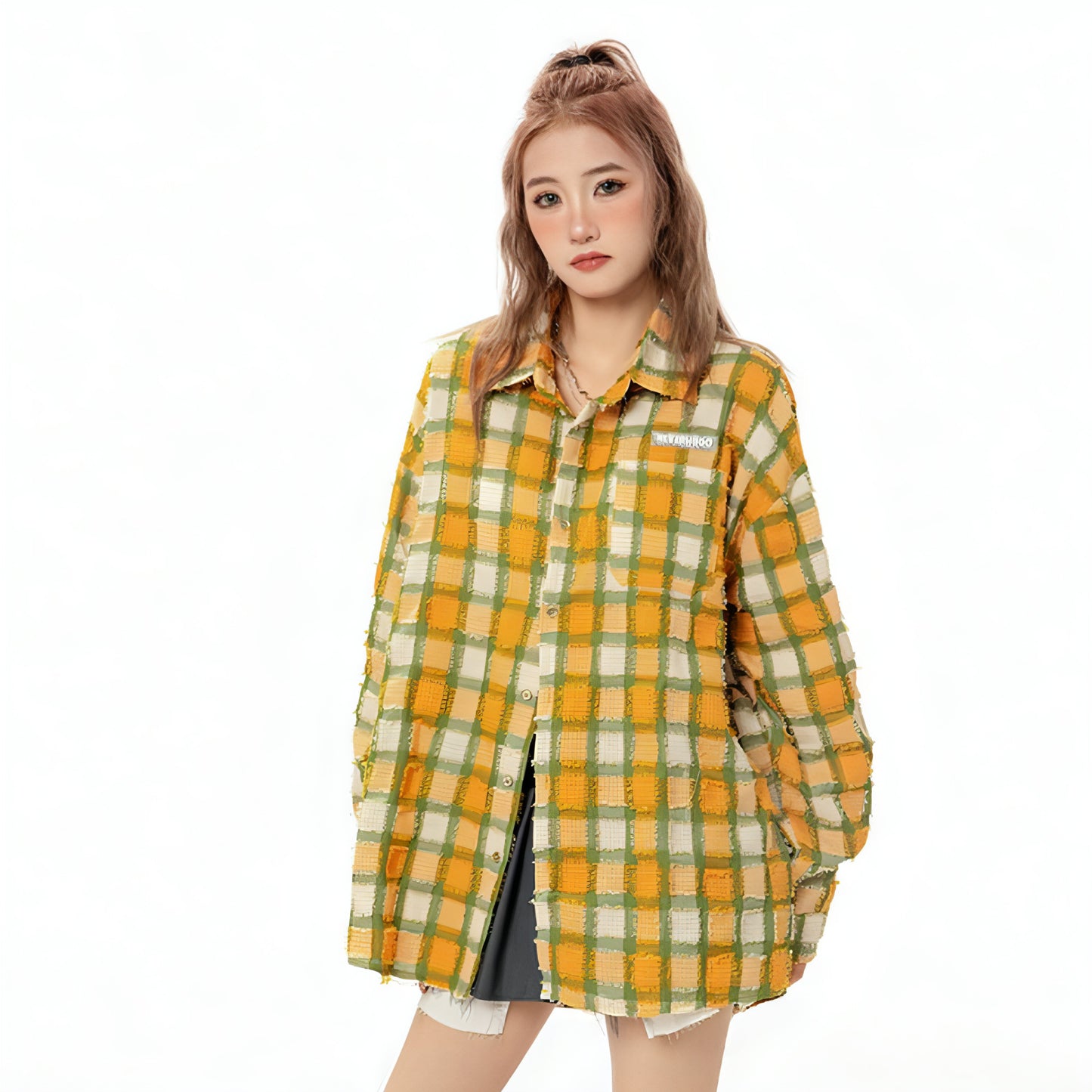 Loose Casual High Street Frayed Design Lapel Women DressShirt