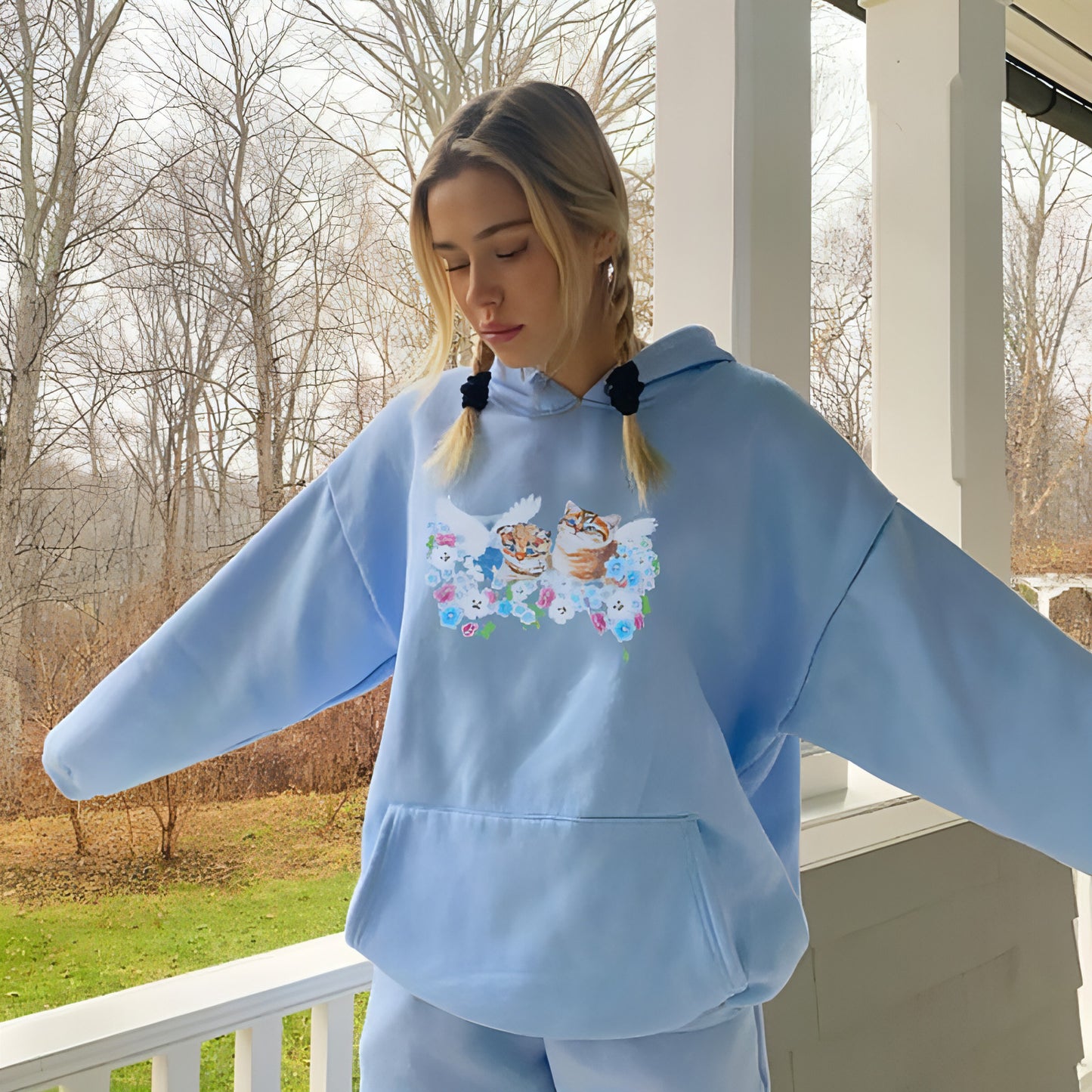 Cat Print Hooded Loose Pullover Long Sleeve Casual Sweater Women
