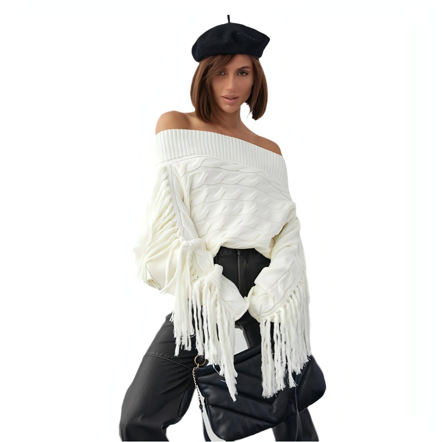 A Pure Color Elegant Style Woolen Tassel Design Sweater Women