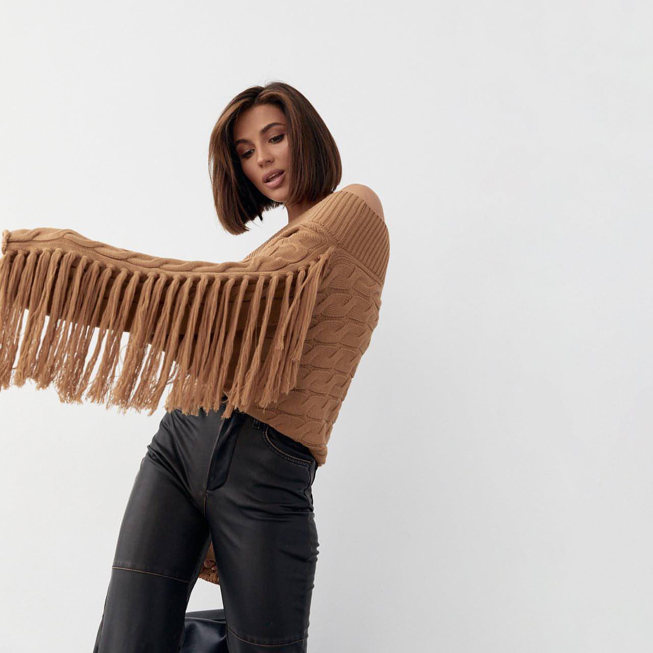 A Pure Color Elegant Style Woolen Tassel Design Sweater Women