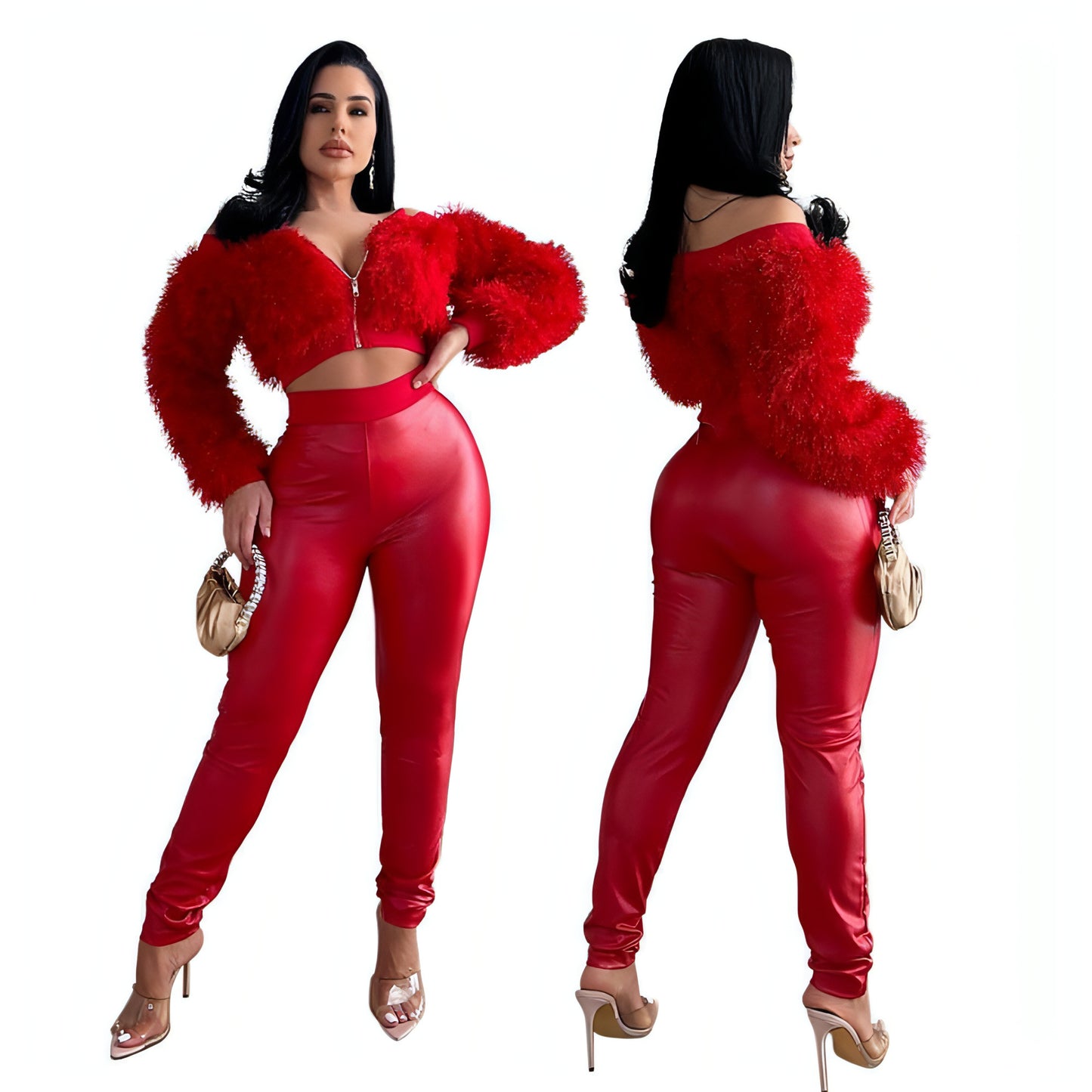 Long Sleeve Furry Short Top With Slim Trousers Two-piece Set For Women