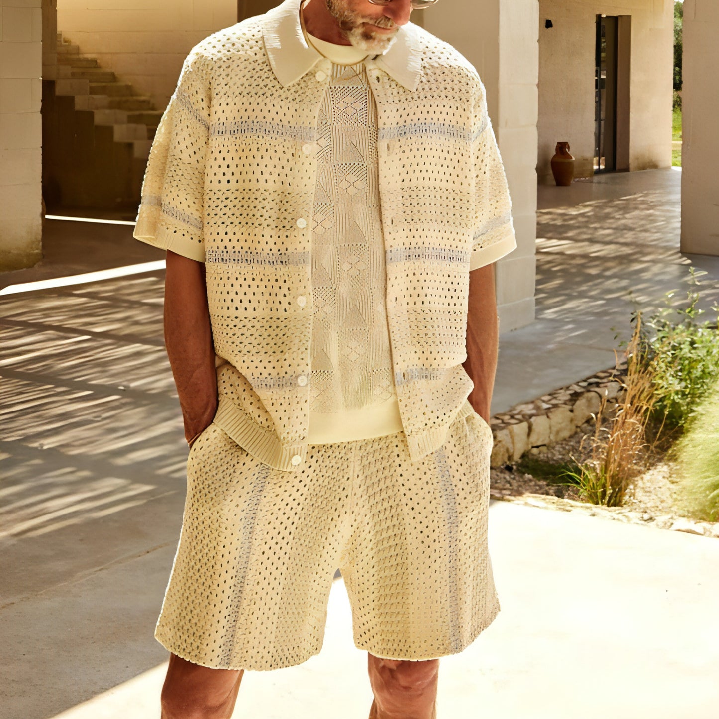 Knitted Sweater Shorts Color Matching Two-piece Suit Men