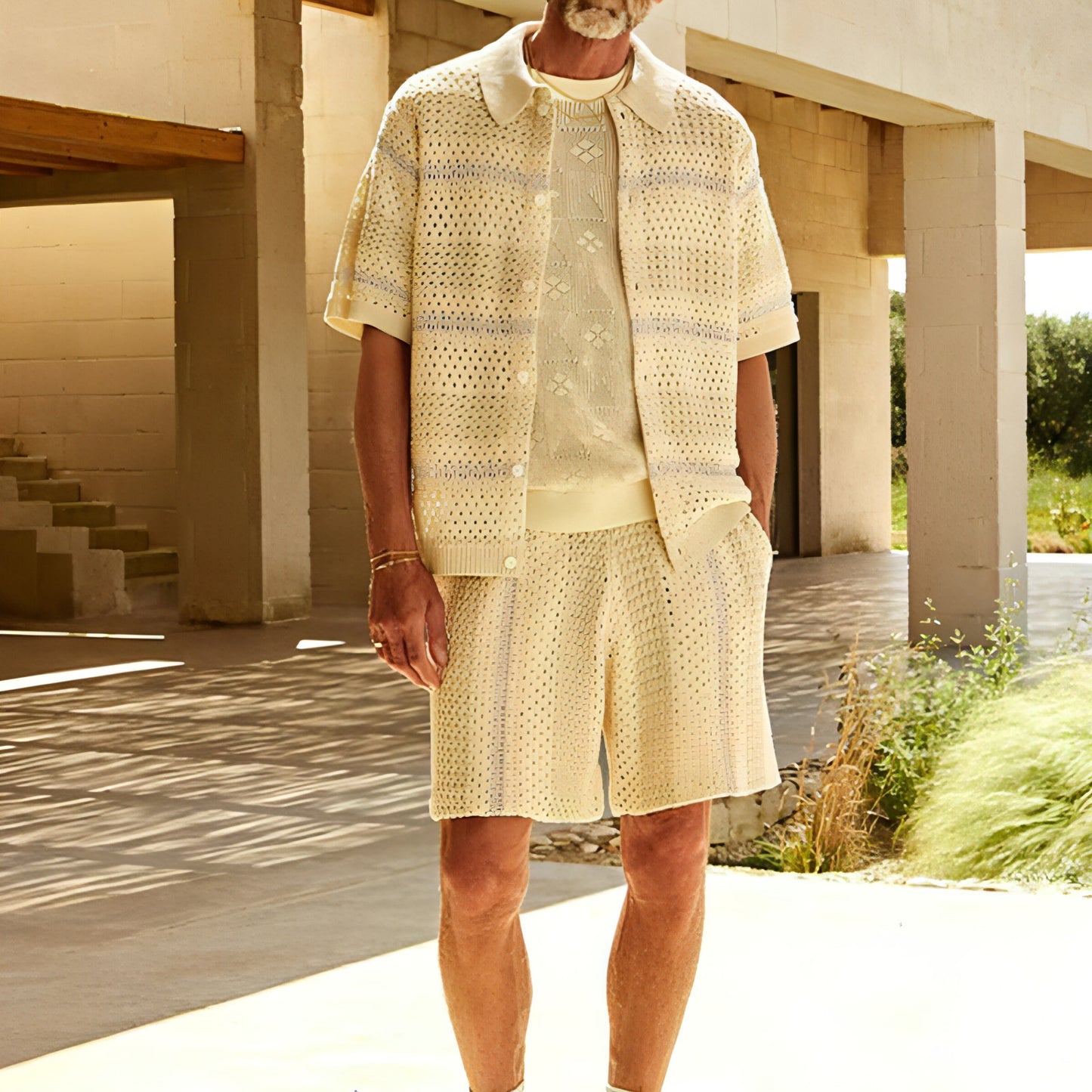 Knitted Sweater Shorts Color Matching Two-piece Suit Men