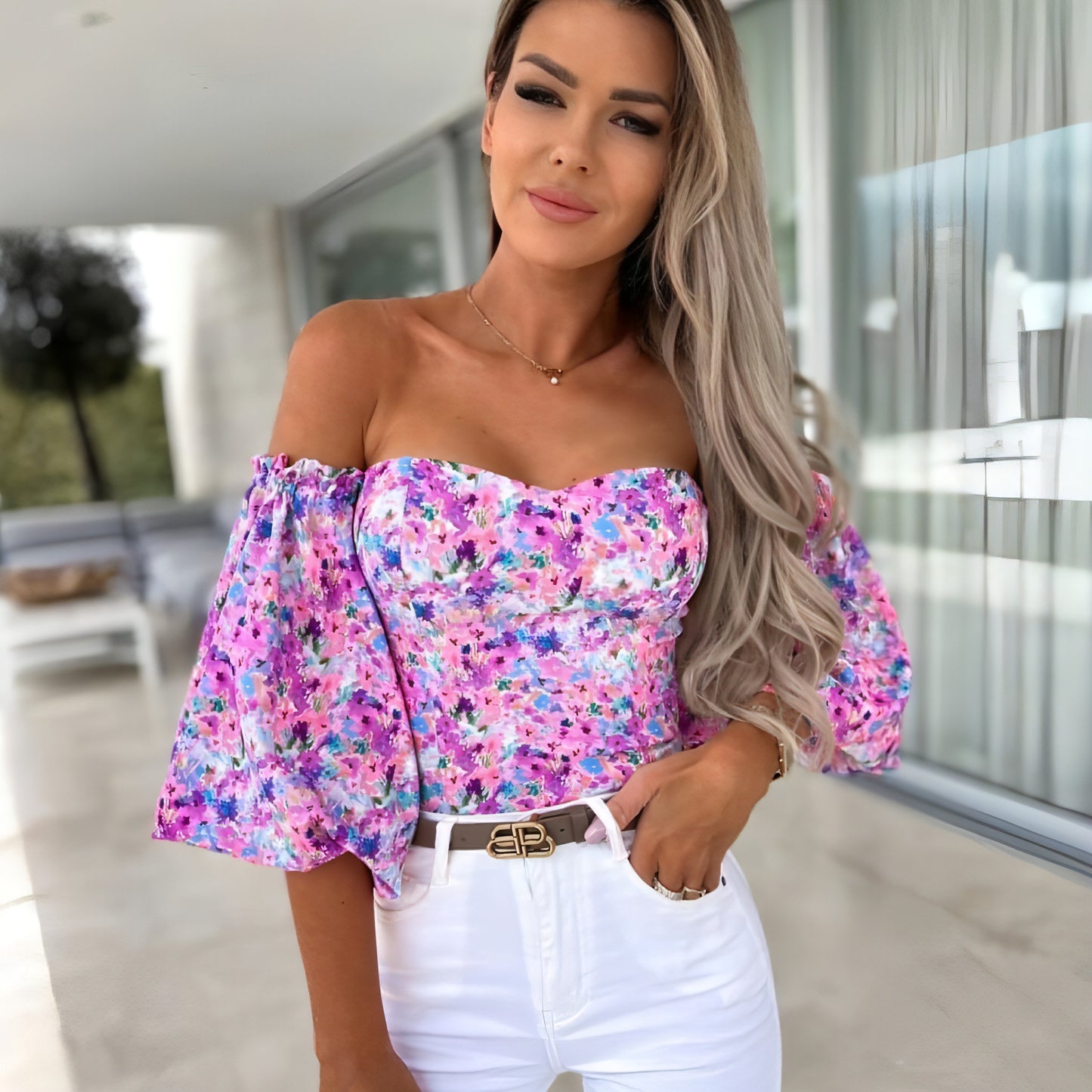 Lady Sexy Off-Shoulder Printed Shirt – Feminine Elegance Meets Casual Chic
