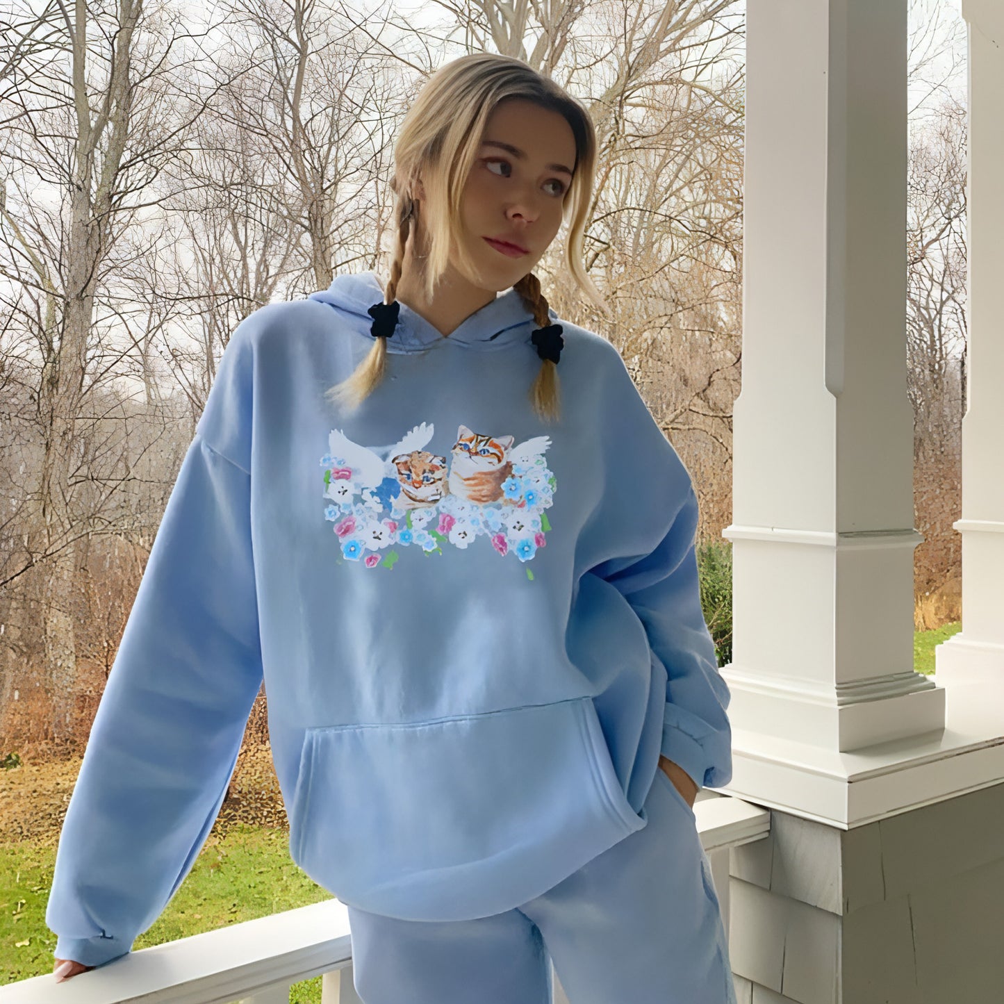Cat Print Hooded Loose Pullover Long Sleeve Casual Sweater Women