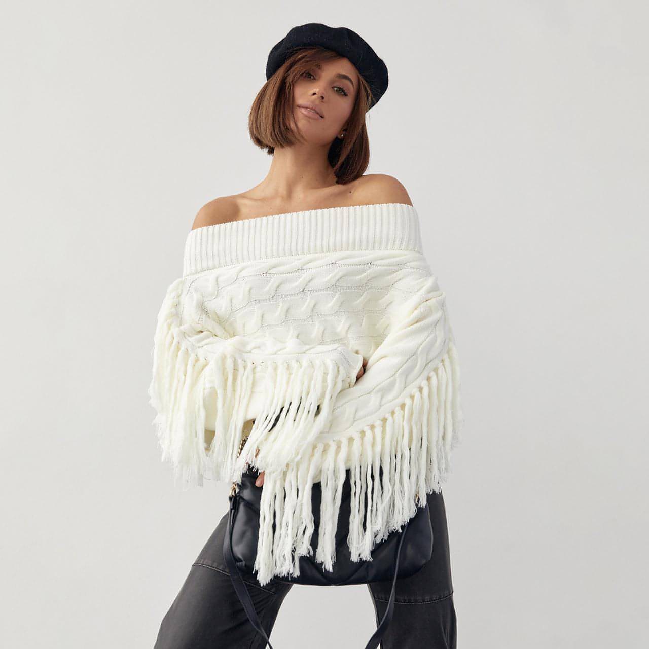 A Pure Color Elegant Style Woolen Tassel Design Sweater Women