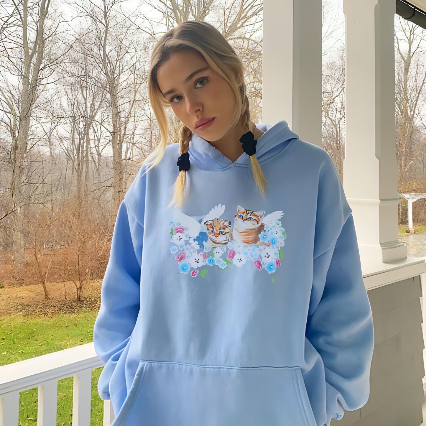 Cat Print Hooded Loose Pullover Long Sleeve Casual Sweater Women