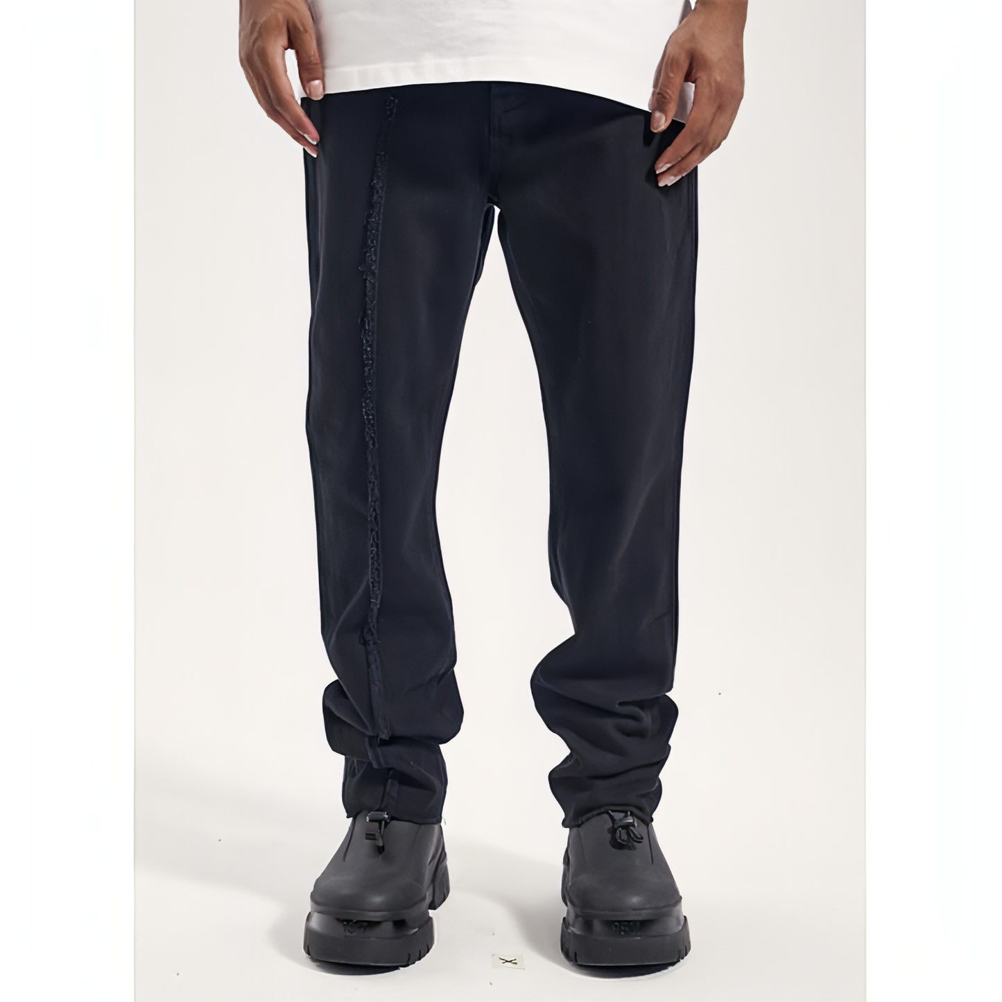 High Street Dark 3D Cut Solid Black Vintage Jeans Men