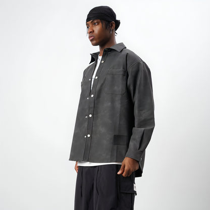 Retro Street Style Ausgewaschenes PU Leder Hemd Herren