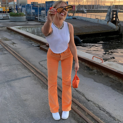 Net Red Colored High-Waist Jeans Women