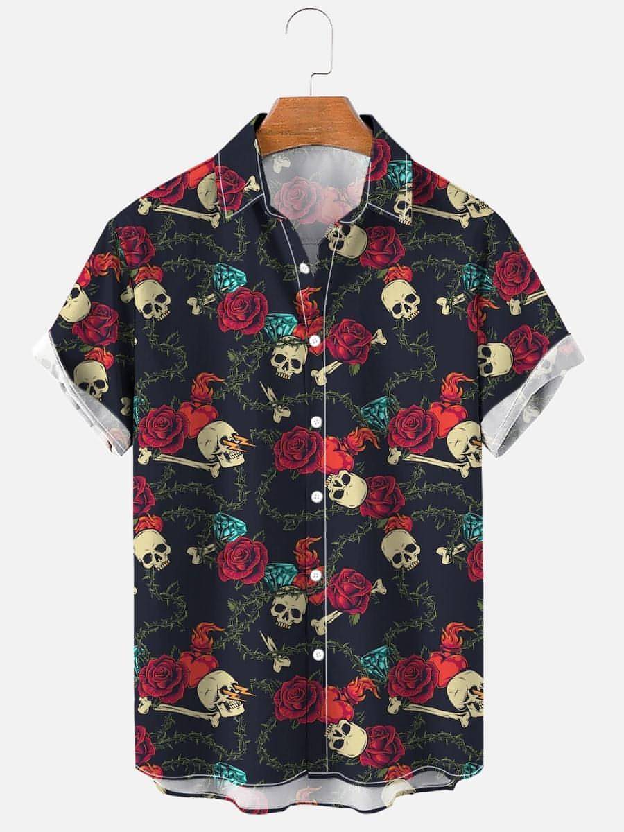 Herrenhemd mit Totenkopf- und Rosen-Print