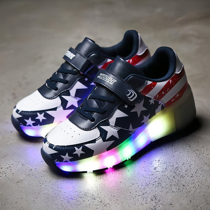 Twin wheel flashing roller skates