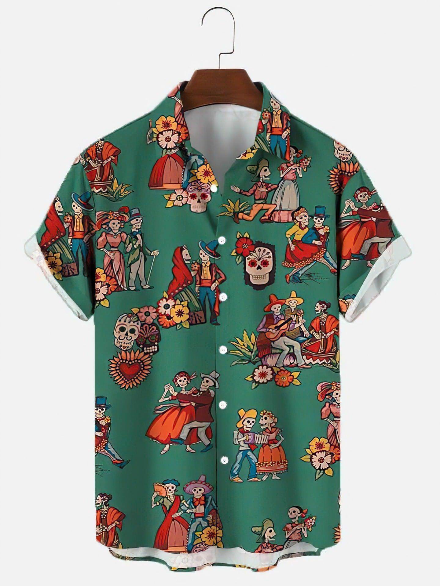 Herrenhemd mit Totenkopf- und Rosen-Print