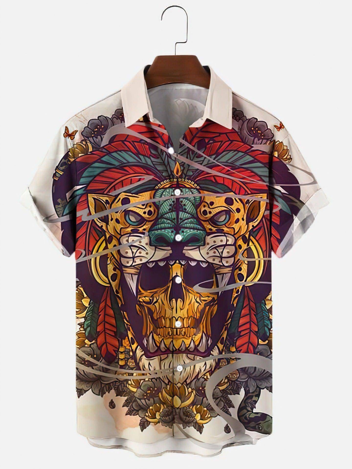 Herrenhemd mit Totenkopf- und Rosen-Print