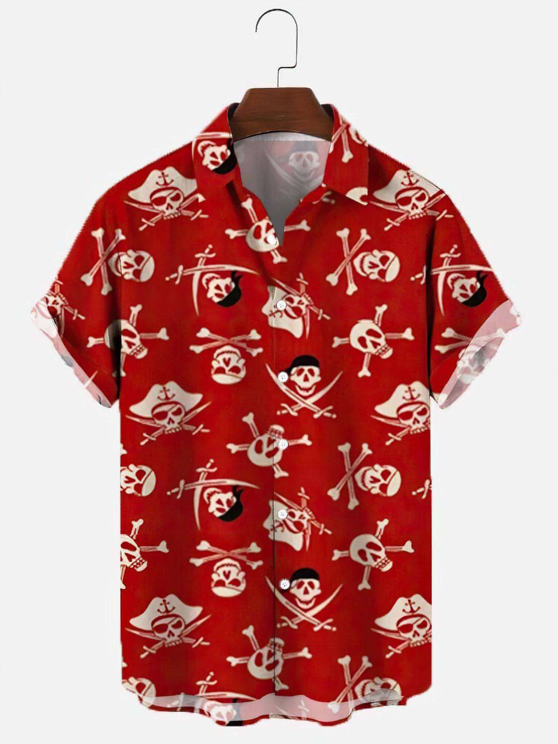 Herrenhemd mit Totenkopf- und Rosen-Print
