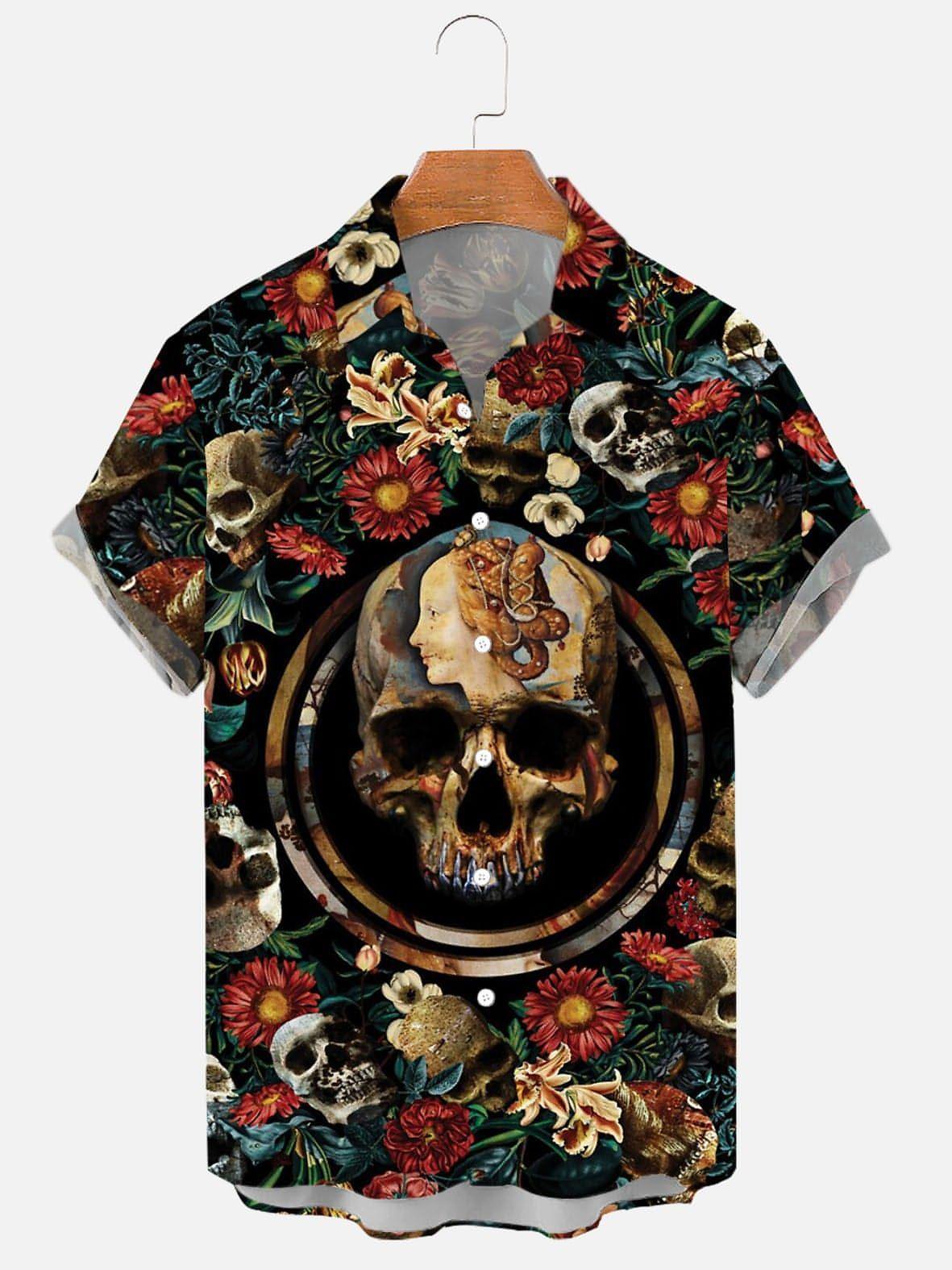 Herrenhemd mit Totenkopf- und Rosen-Print