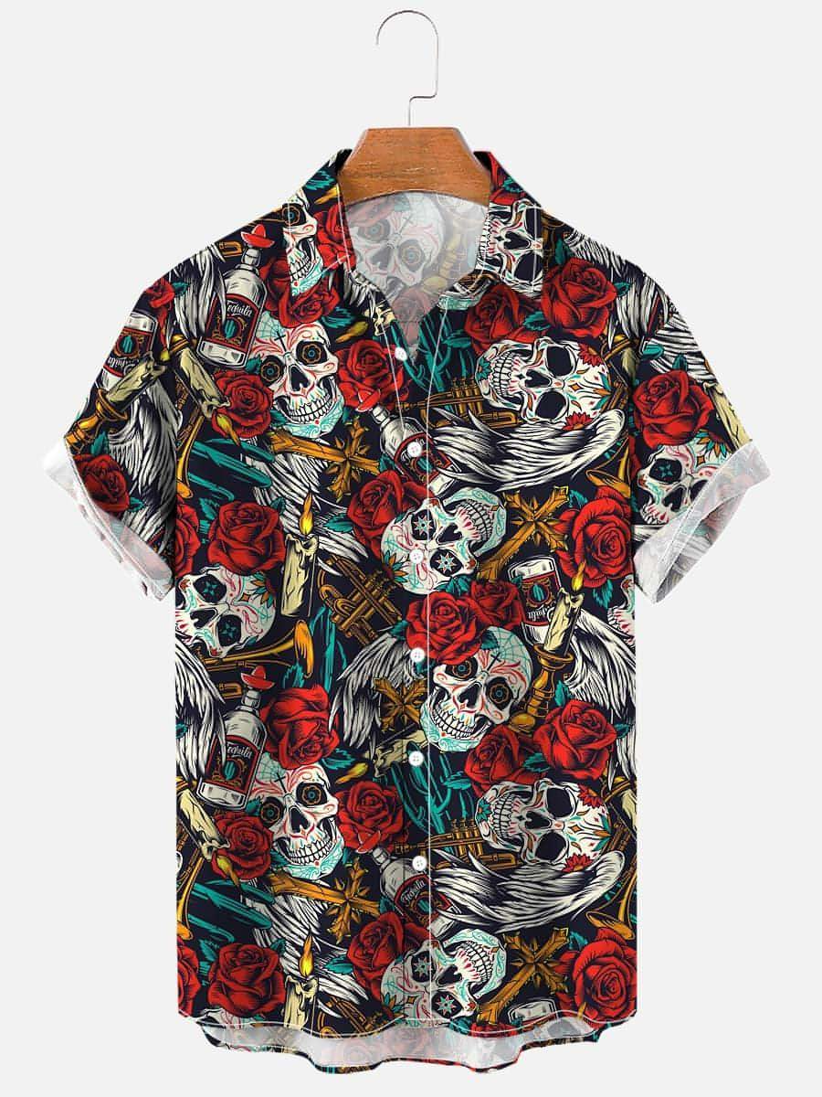 Herrenhemd mit Totenkopf- und Rosen-Print