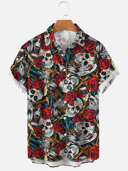 Herrenhemd mit Totenkopf- und Rosen-Print
