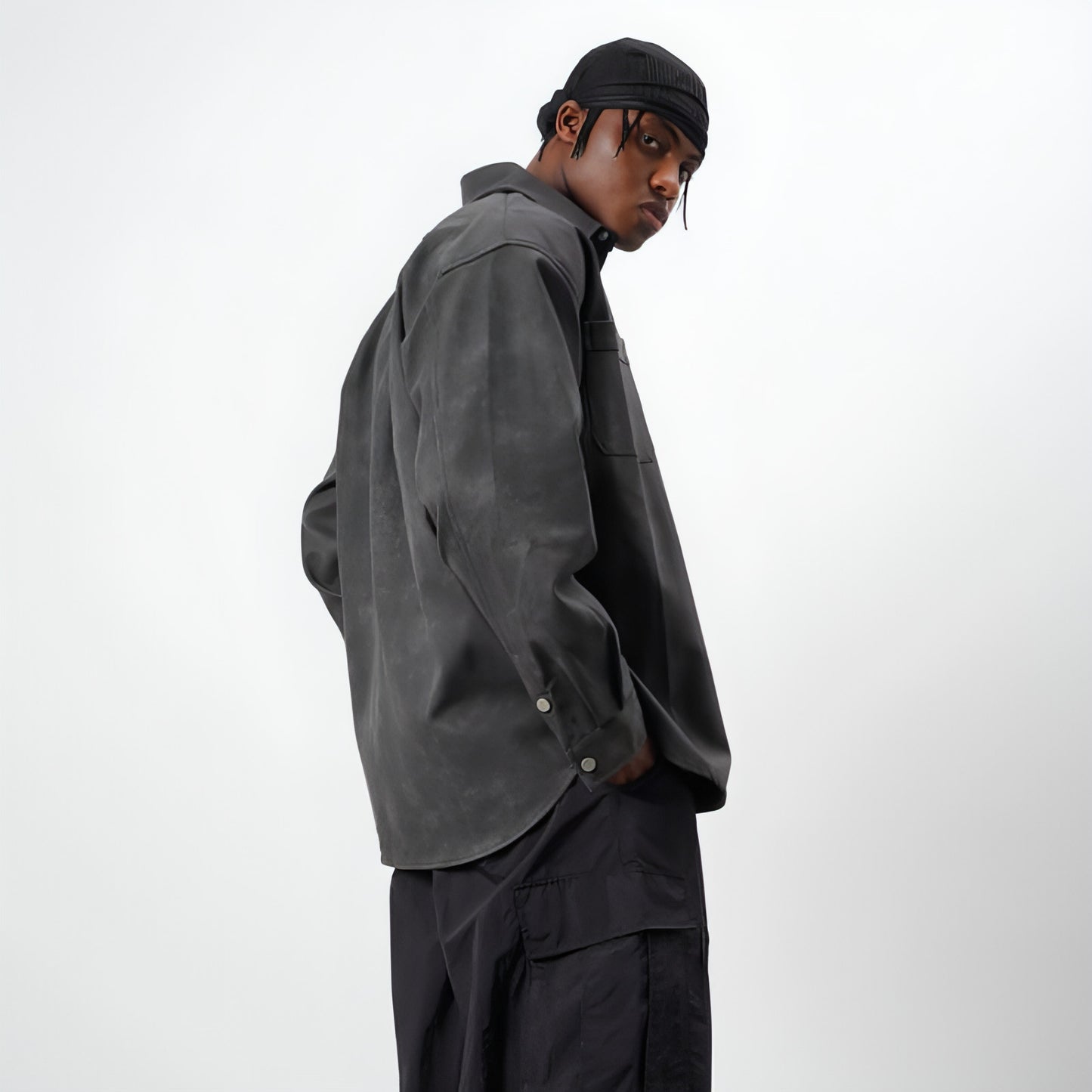 Retro Street Style Ausgewaschenes PU Leder Hemd Herren