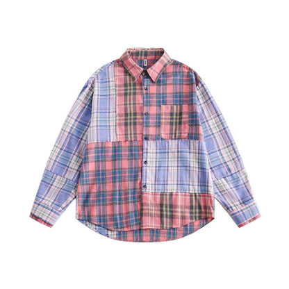 Spring Japanese Style Trend Plaid Stitching DressShirt Women