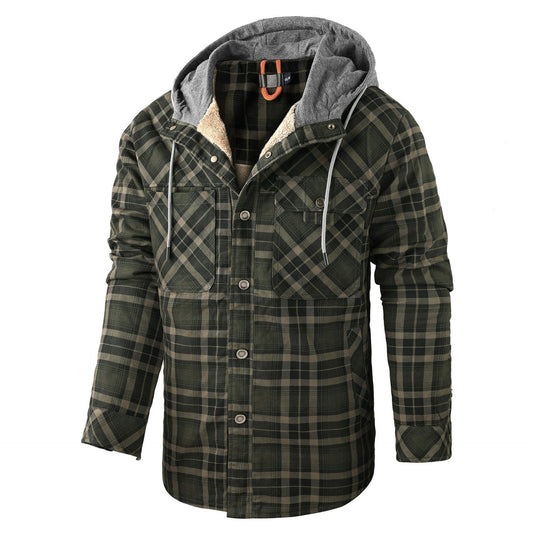 Men’s Fleece-Lined Hooded Plaid Flannel Jacket – Winter Cotton Padded Shirt Coat