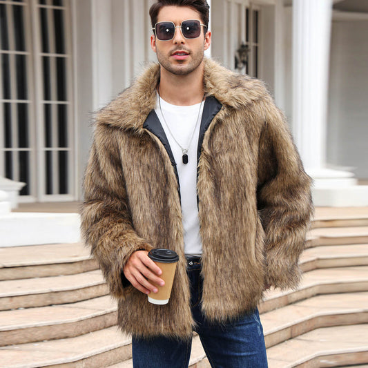 Europäische und amerikanische Herren-Revers-Kurz-Kunstpelzjacke, warmer Mantel