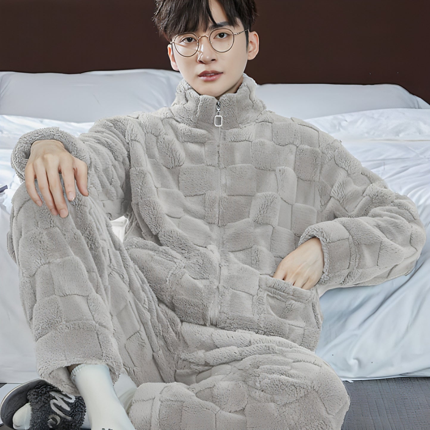 Pajamas Men's Jacquard Flannel Loose Fleece-lined Warm Loungewear