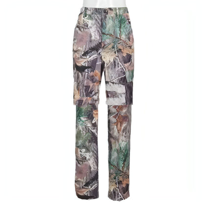 Loose Casual Women Pants With Leaf Print Pockets (Jeans)
