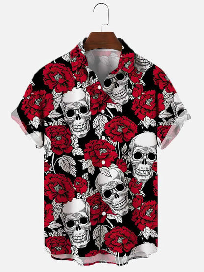 Herrenhemd mit Totenkopf- und Rosen-Print