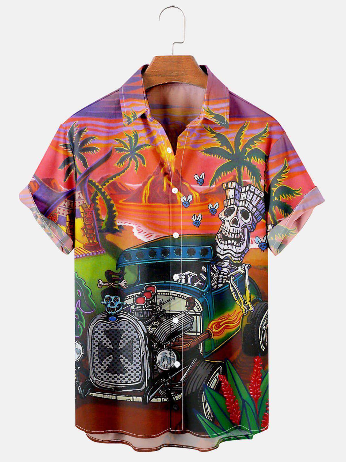 Herrenhemd mit Totenkopf- und Rosen-Print