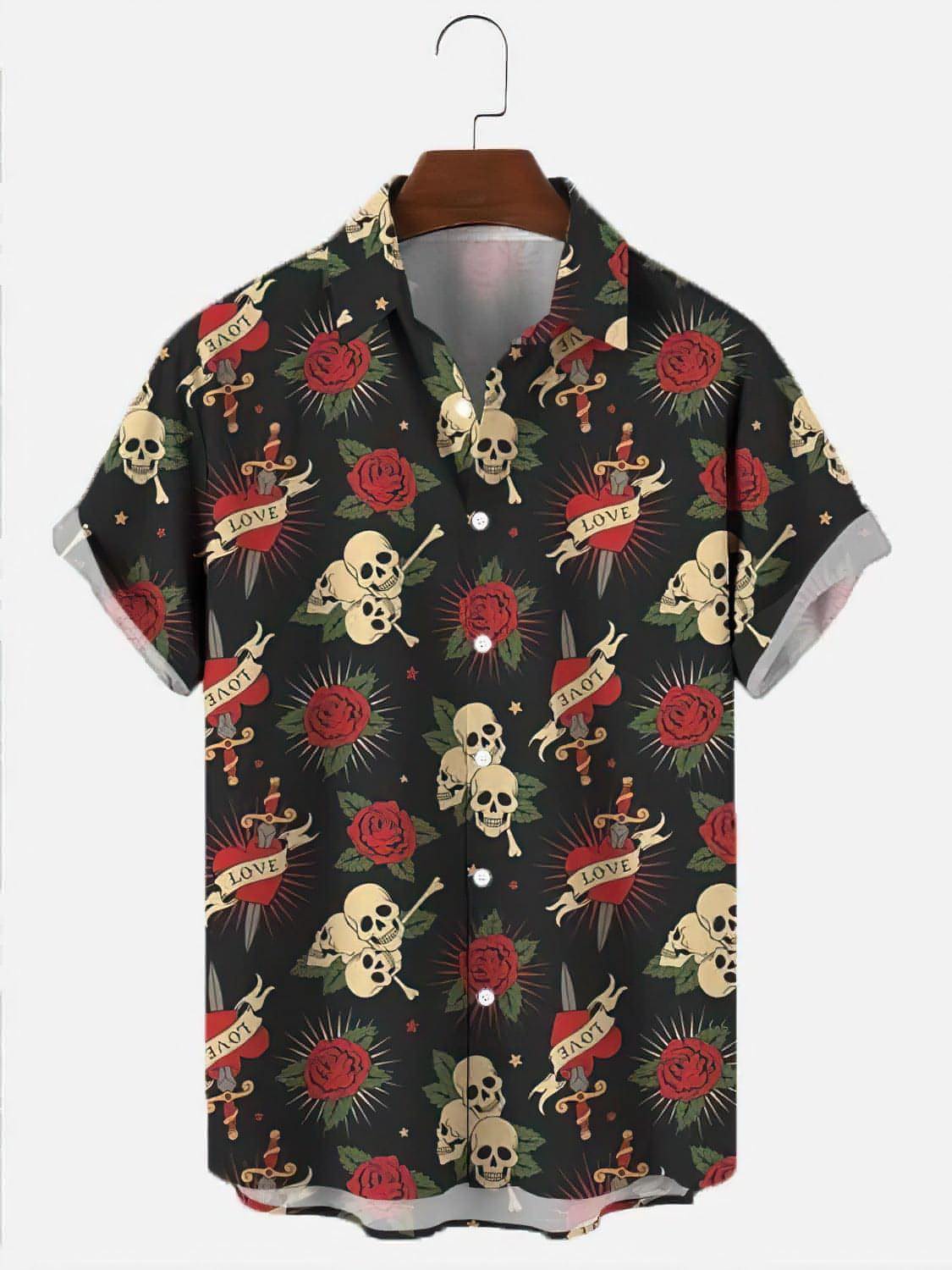 Herrenhemd mit Totenkopf- und Rosen-Print