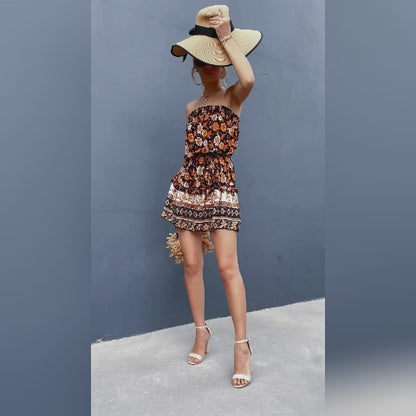 Women's Bohemian Floral Print Strapless Dress Summer Beach Dress